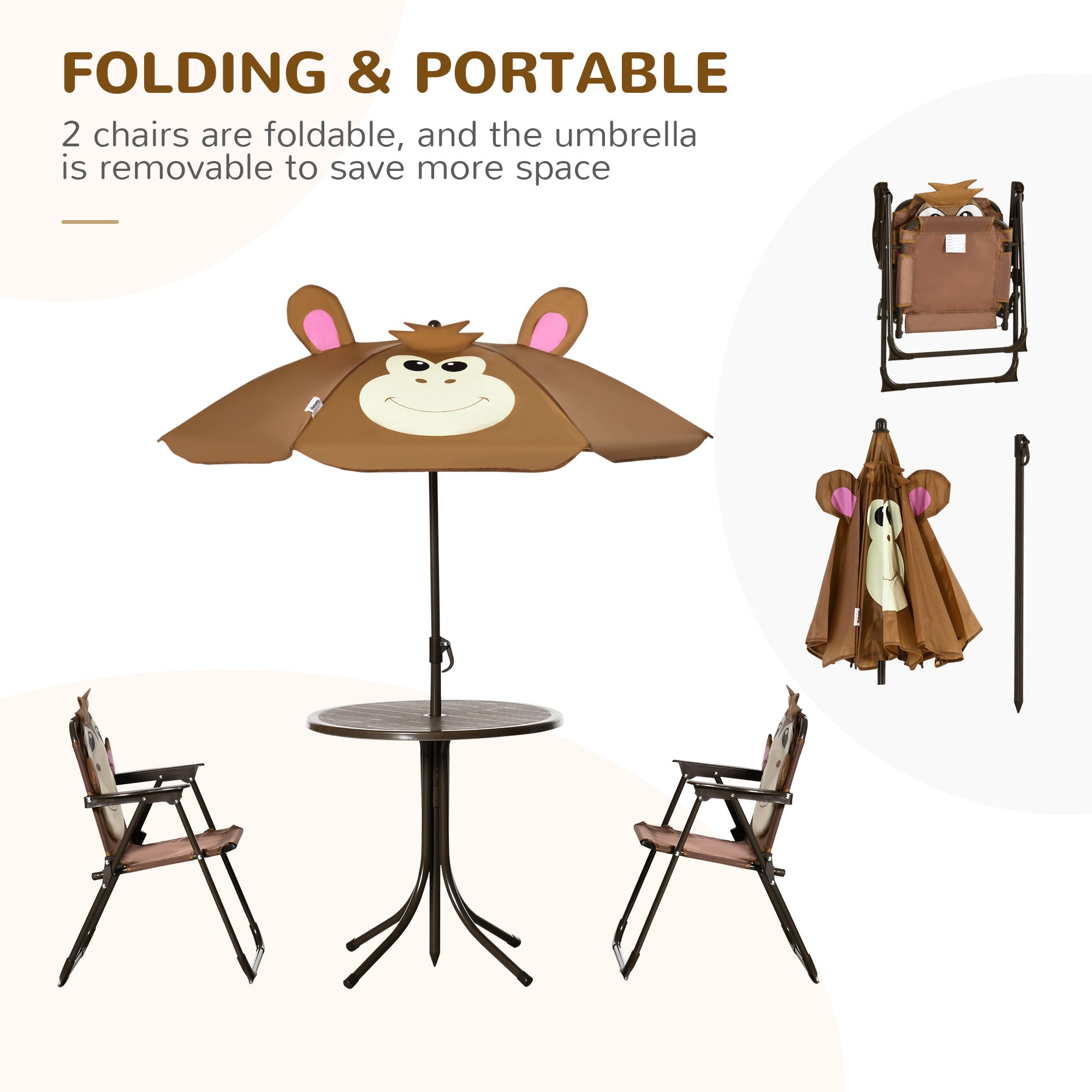 Brown monkey design kids bistro table set with adjustable sun umbrella perfect for outdoor garden use
