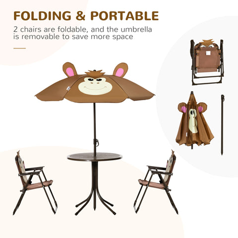 Brown monkey design kids bistro table set with adjustable sun umbrella perfect for outdoor garden use