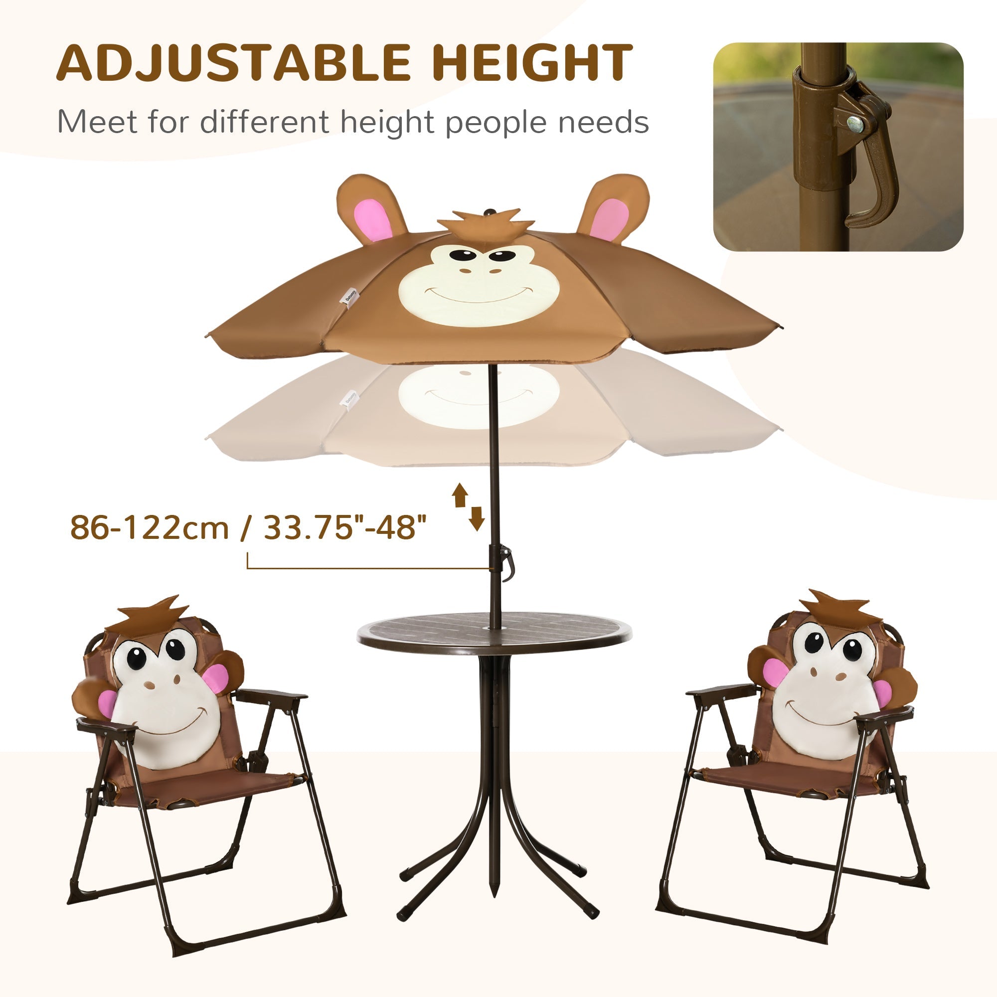 Brown outsunny kids bistro set with monkey design folding chairs and adjustable sun umbrella for outdoor fun