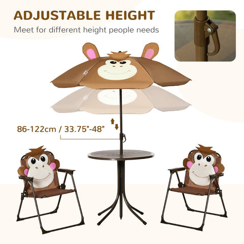 Brown outsunny kids bistro set with monkey design folding chairs and adjustable sun umbrella for outdoor fun
