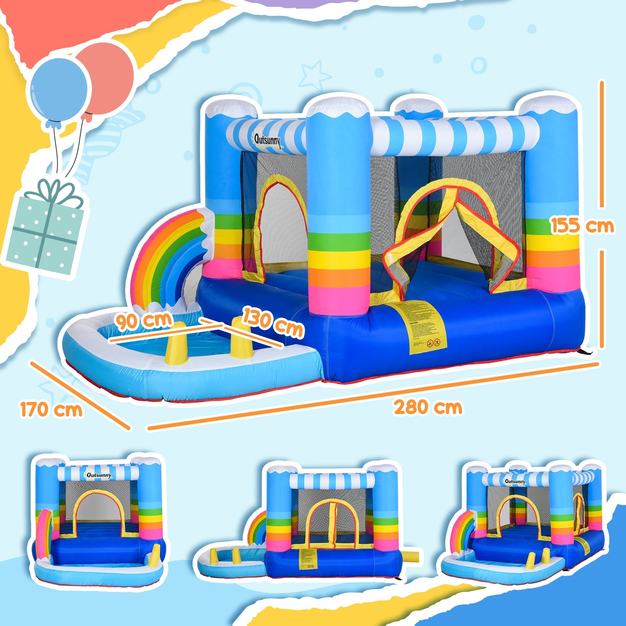 Outsunny kids bounce castle inflatable house with rainbow slide splash pool two doors and ground stakes for easy access