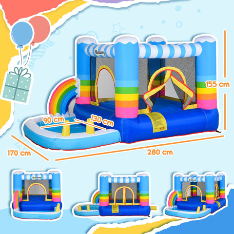 Outsunny kids bounce castle inflatable house with rainbow slide splash pool two doors and ground stakes for easy access