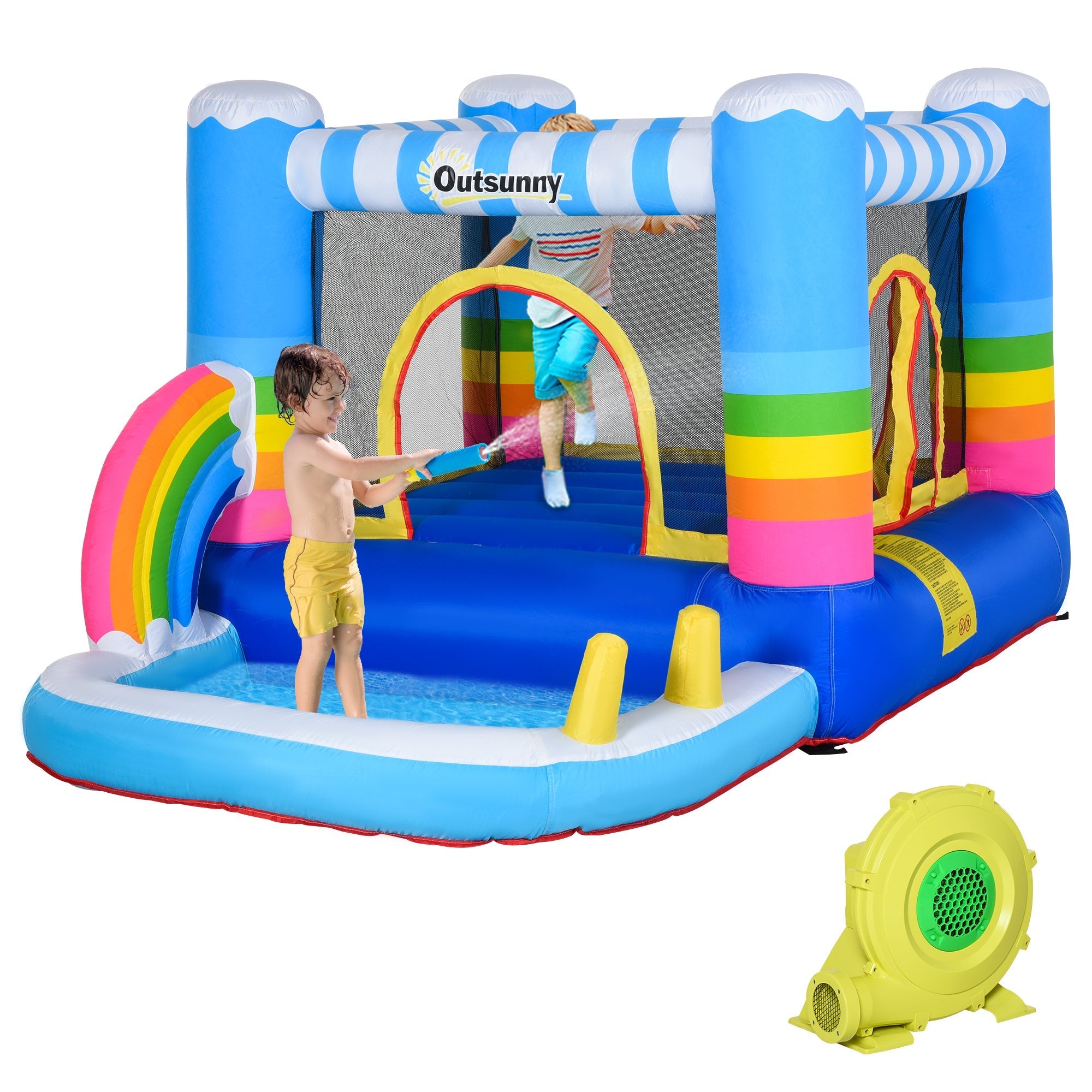 Blue outsunny kids bounce castle inflatable house with rainbow design two doors easy access and ground stakes included