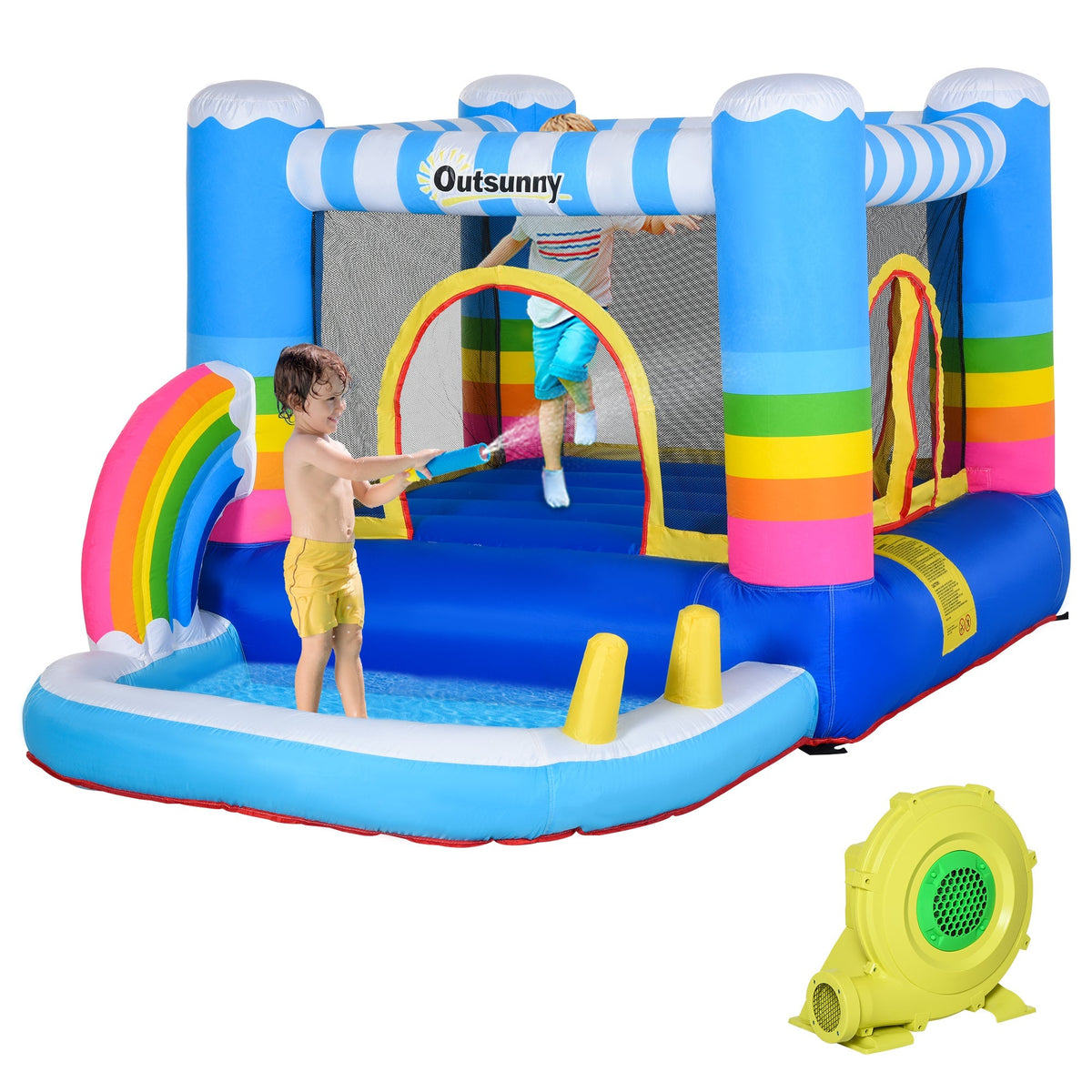 Blue outsunny kids bounce castle inflatable house with rainbow design two doors easy access and ground stakes included