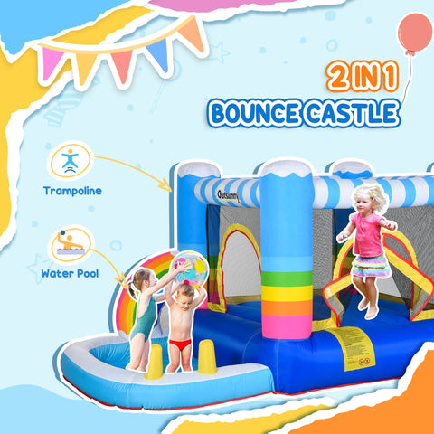 Blue and rainbow-striped Outsunny kids bounce castle with trampoline pool, climbing wall, two doors, easy access, and ground stakes