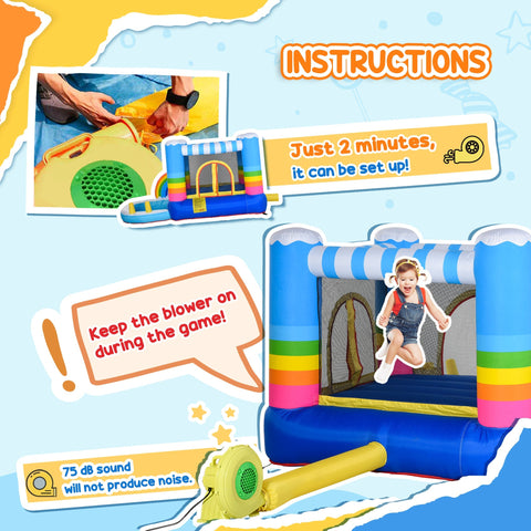 Outsunny kids bounce castle inflatable house with rainbow stripes blue yellow accents two doors easy access and ground stakes