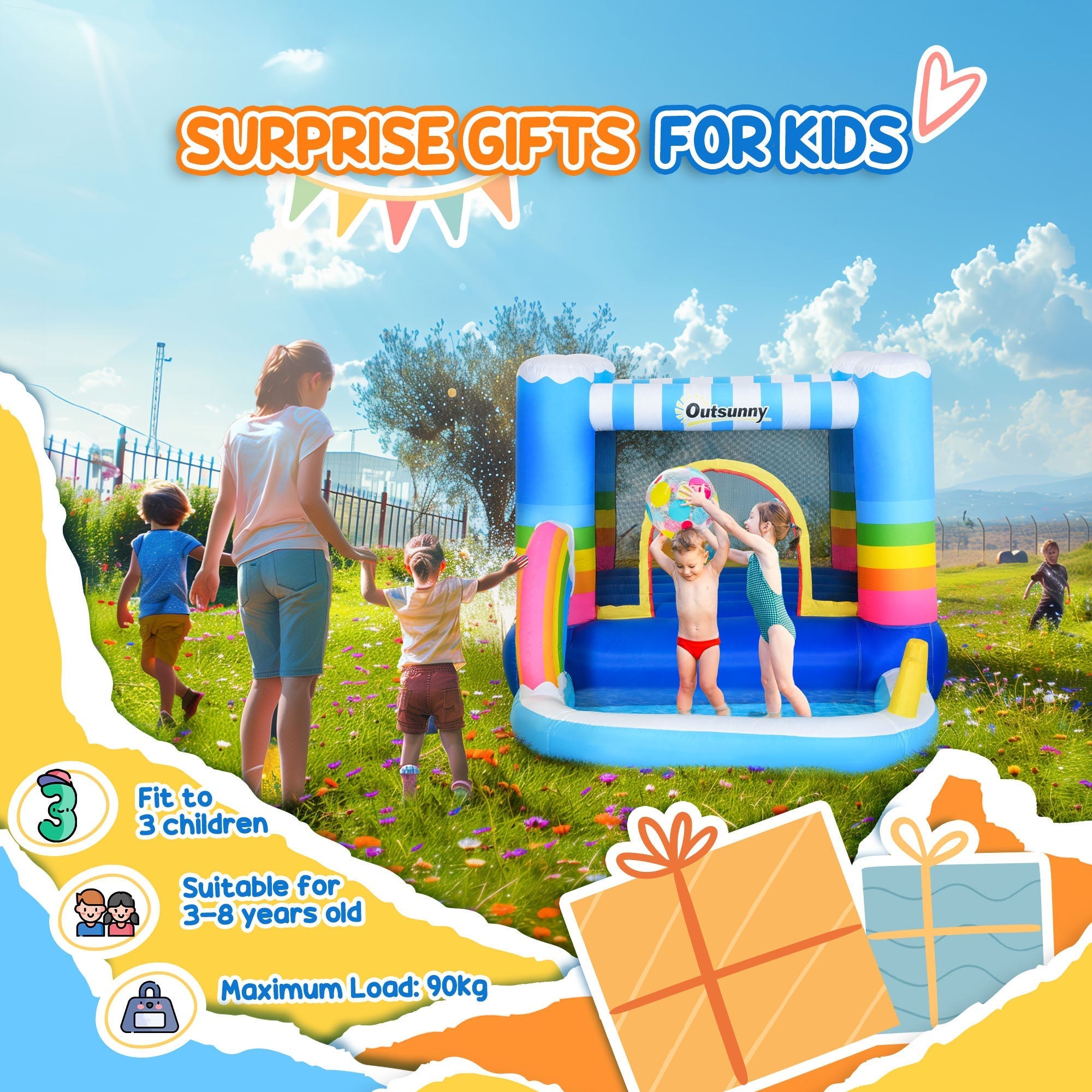 Blue and rainbow kids bounce castle inflatable house with trampoline pool climbing wall easy access two doors ground stakes