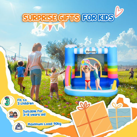 Blue and rainbow kids bounce castle inflatable house with trampoline pool climbing wall easy access two doors ground stakes