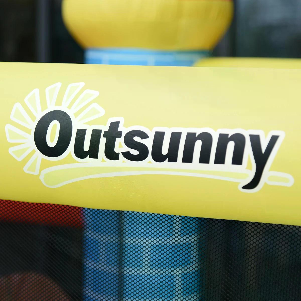 Yellow inflatable tube with outsunny logo and sun graphic on attractive colour bouncy house for extra energy play
