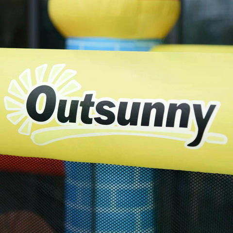 Yellow inflatable tube with outsunny logo and sun graphic on attractive colour bouncy house for extra energy play