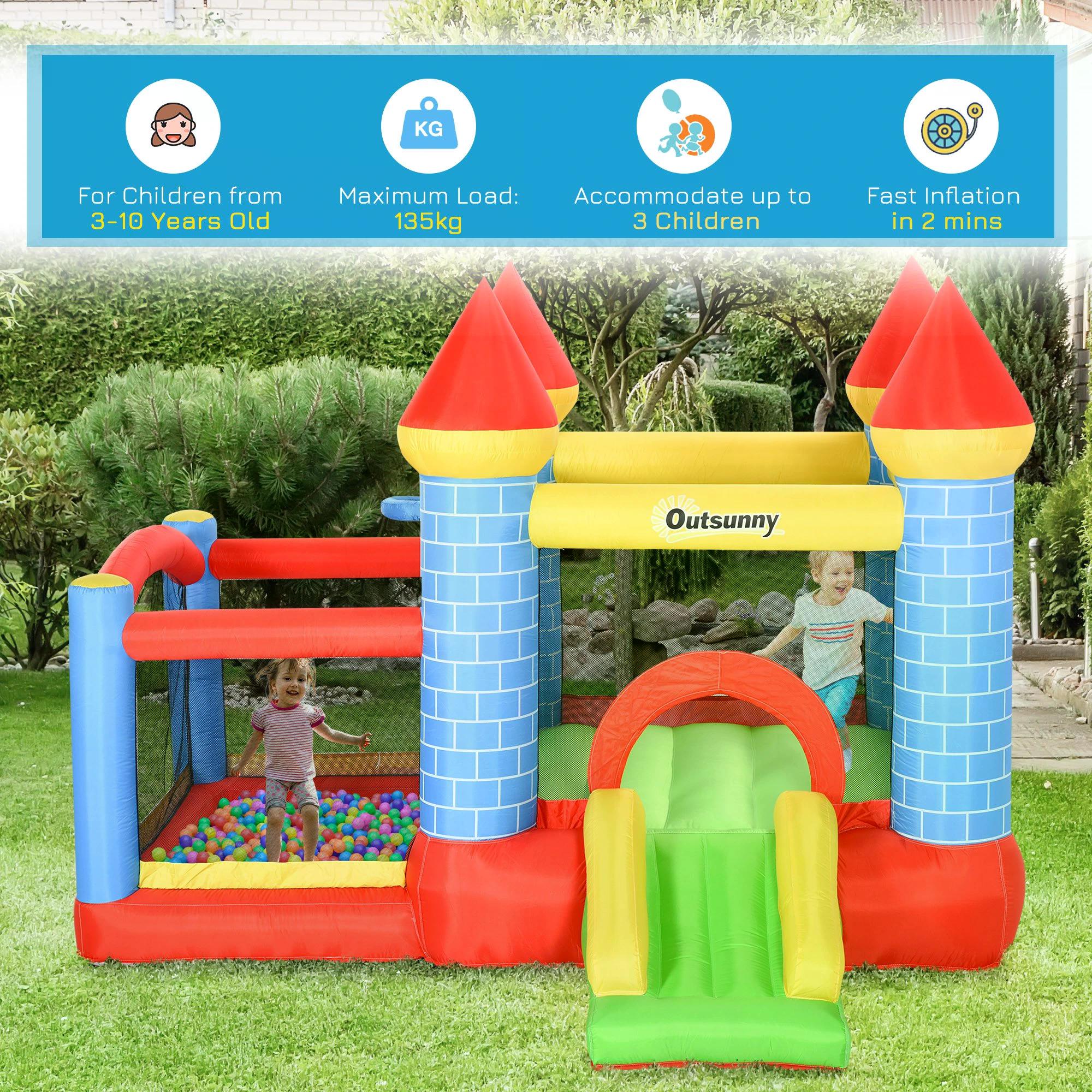 Outsunny kids bounce castle inflatable trampoline with slide and ball pit in attractive colour for extra energy play