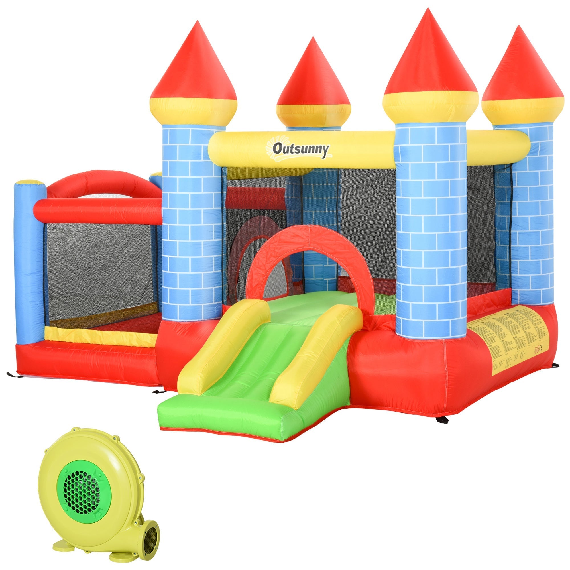 Outsunny kids bounce castle inflatable trampoline with attractive colour red blue yellow and green slide for extra energy play