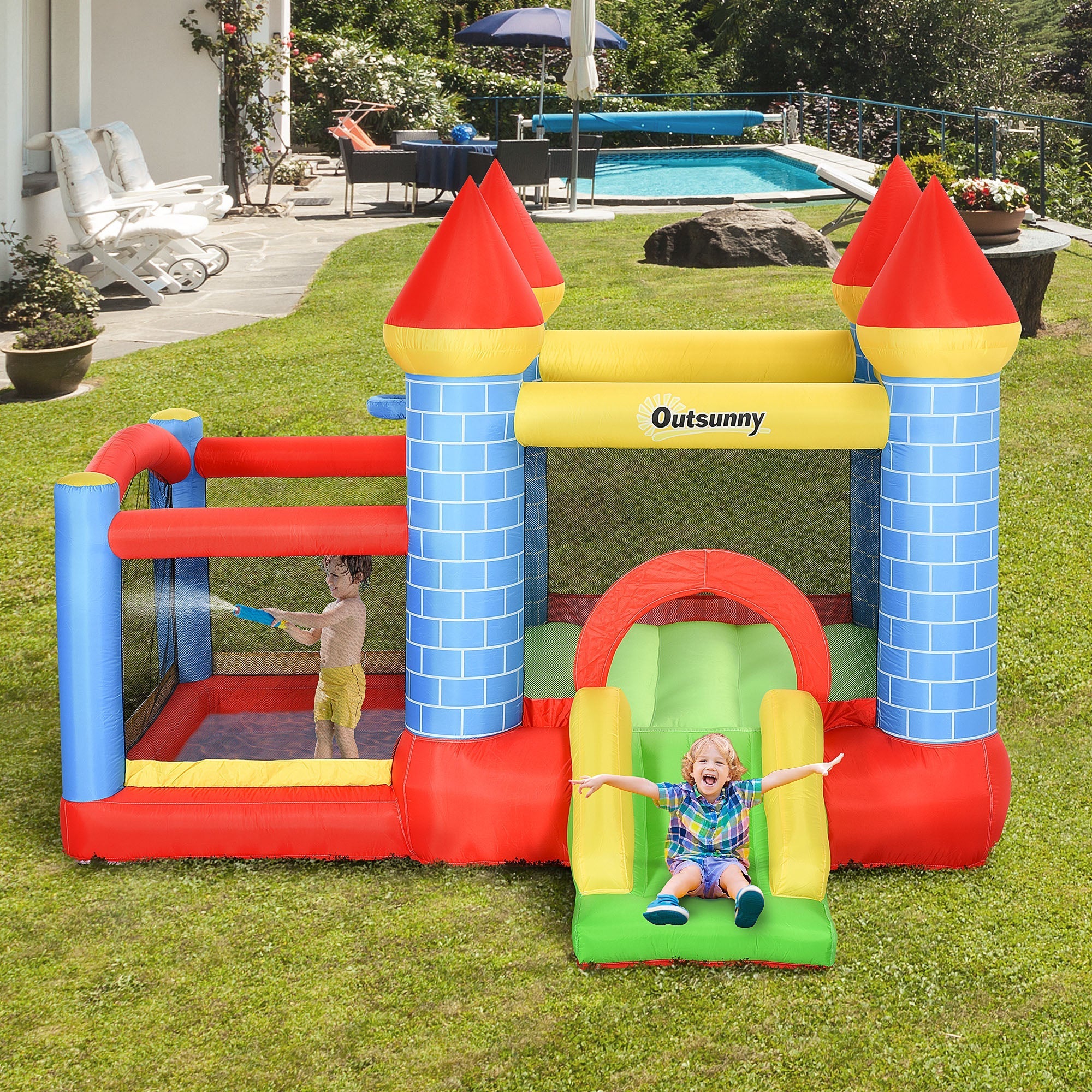 Outsunny kids bounce castle inflatable trampoline slide pool with attractive colour and green slide for extra energy play