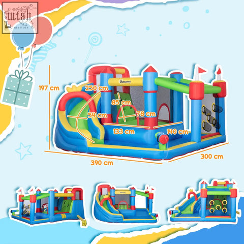 Blue and red inflatable castle with green slides and yellow accents includes ground stakes for secure setup