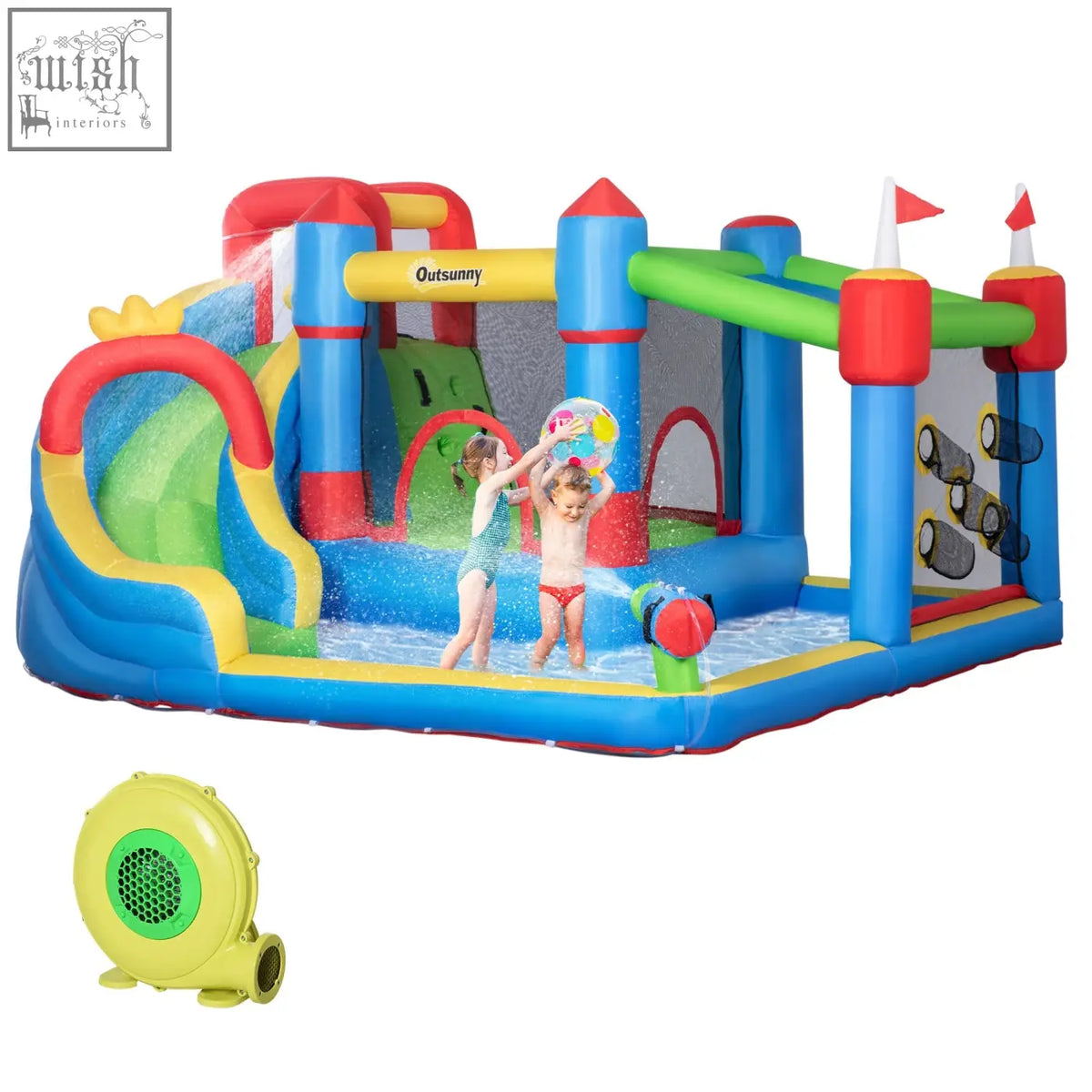 Colorful outsunny kids inflatable castle with water slide and climbing wall includes ground stakes for stability