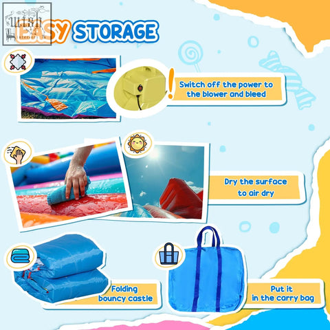 Blue inflatable castle with yellow blower and bag for kids includes ground stakes for secure setup outdoors