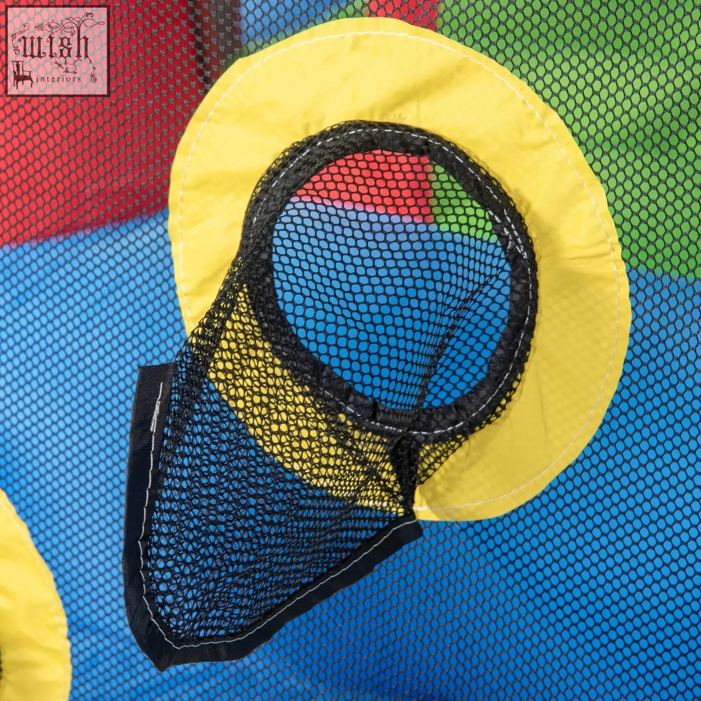 Bright yellow circular net with black mesh and reinforced edges on outsunny inflatable castle with ground stakes included