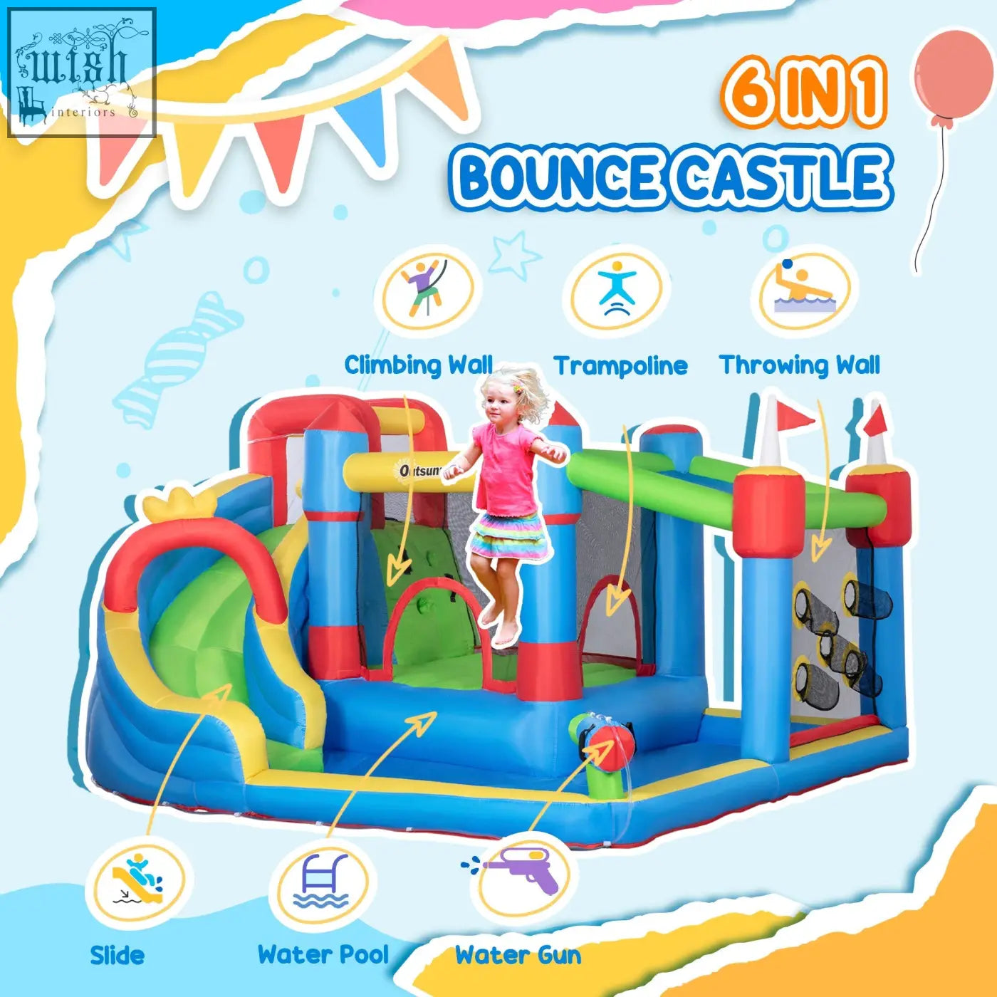 Colorful outsunny kids inflatable castle bounce house with water slide and ground stakes included for ages 3-8