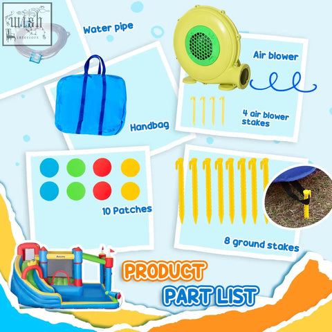 Yellow air blower with green mesh grille and black outlet for outsunny kids inflatable castle with ground stakes included
