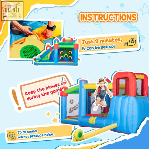 Blue and red inflatable castle with green accents and yellow blower includes ground stakes for secure setup
