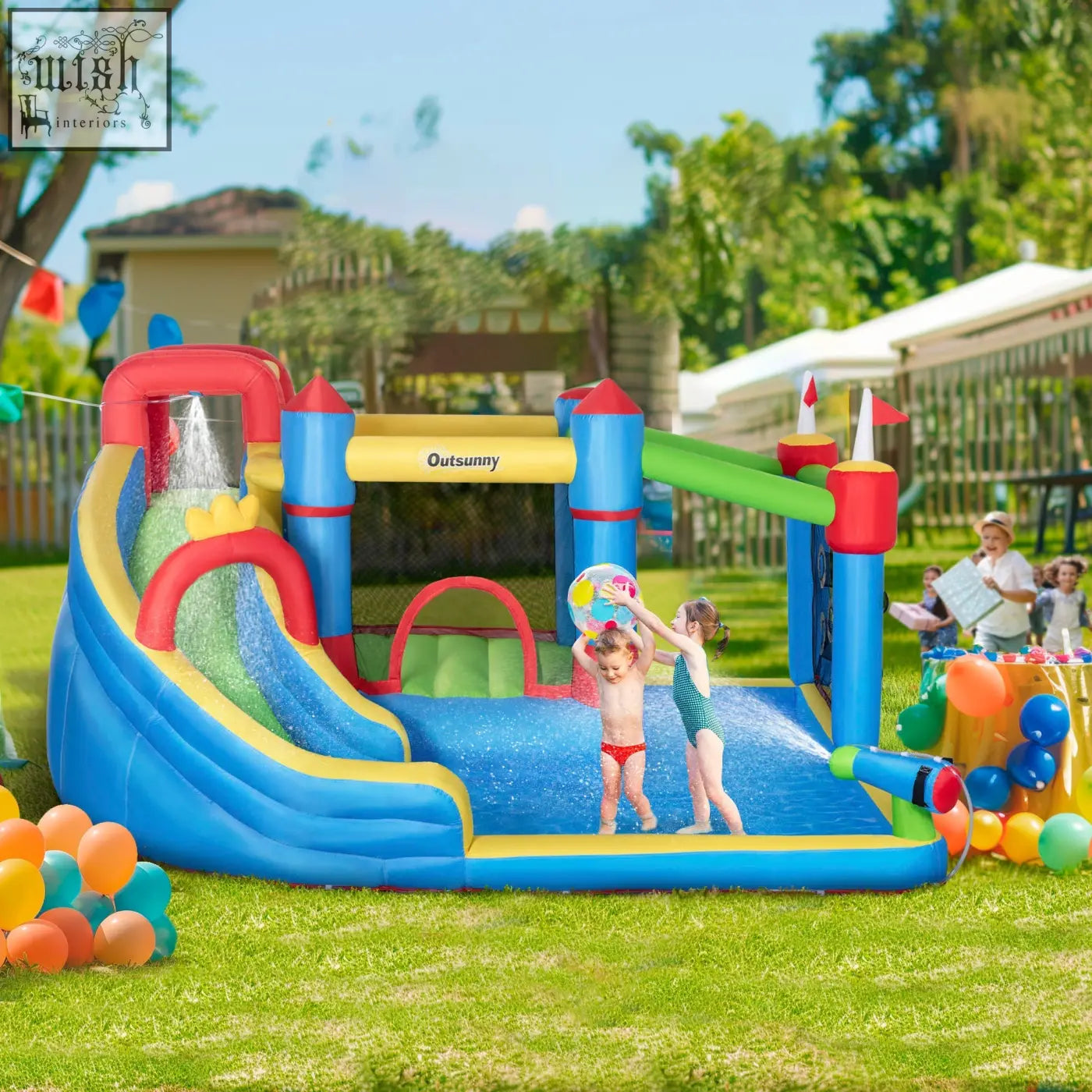Brightly colored outsunny inflatable castle with slide splash zone and ground stakes included for kids aged 3 to 8