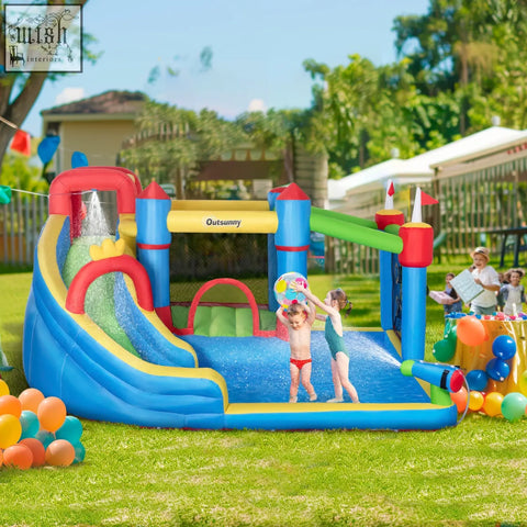 Brightly colored outsunny inflatable castle with slide splash zone and ground stakes included for kids aged 3 to 8