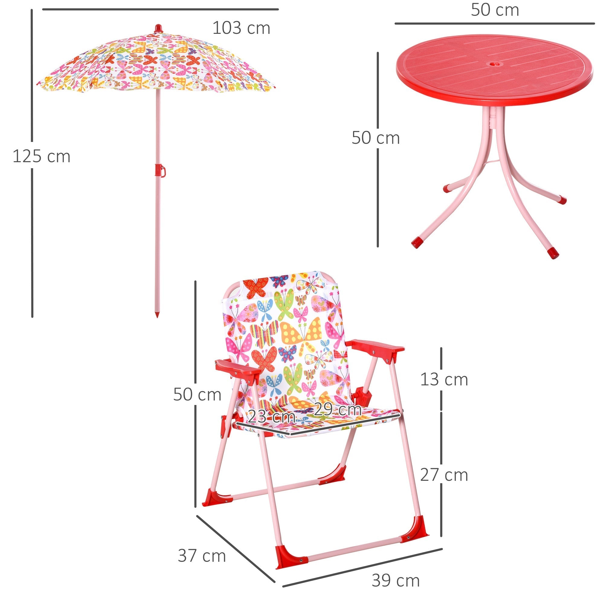 Pink metal-framed kids folding chair with butterfly fabric seat and chair dimension for outdoor garden patio use