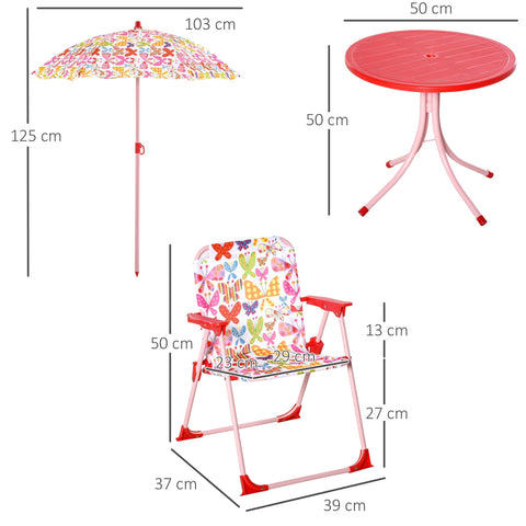 Pink metal-framed kids folding chair with butterfly fabric seat and chair dimension for outdoor garden patio use
