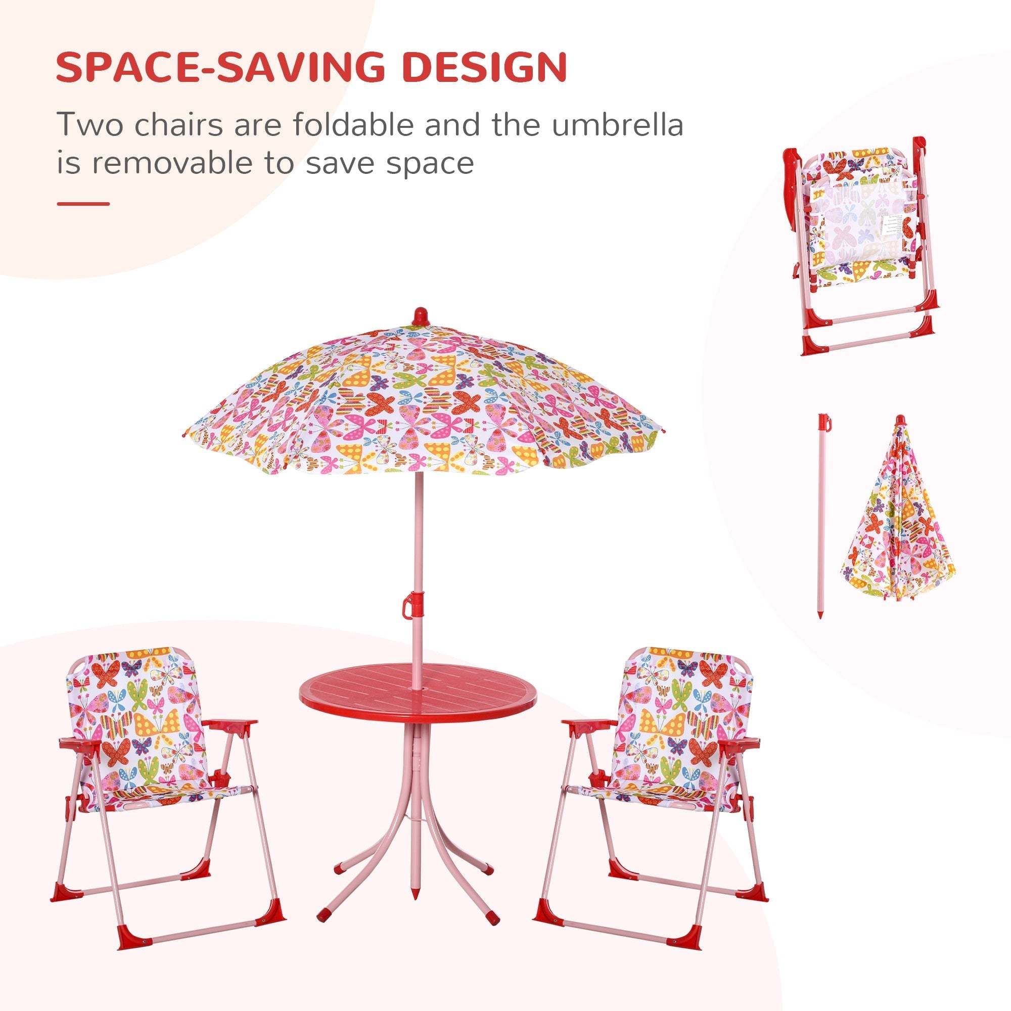 Red metal kids outdoor bistro set with butterfly pattern foldable chairs and height adjustable umbrella with chair dimension info