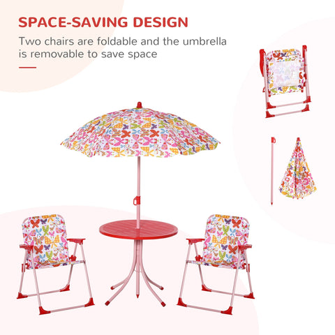 Red metal kids outdoor bistro set with butterfly pattern foldable chairs and height adjustable umbrella with chair dimension info