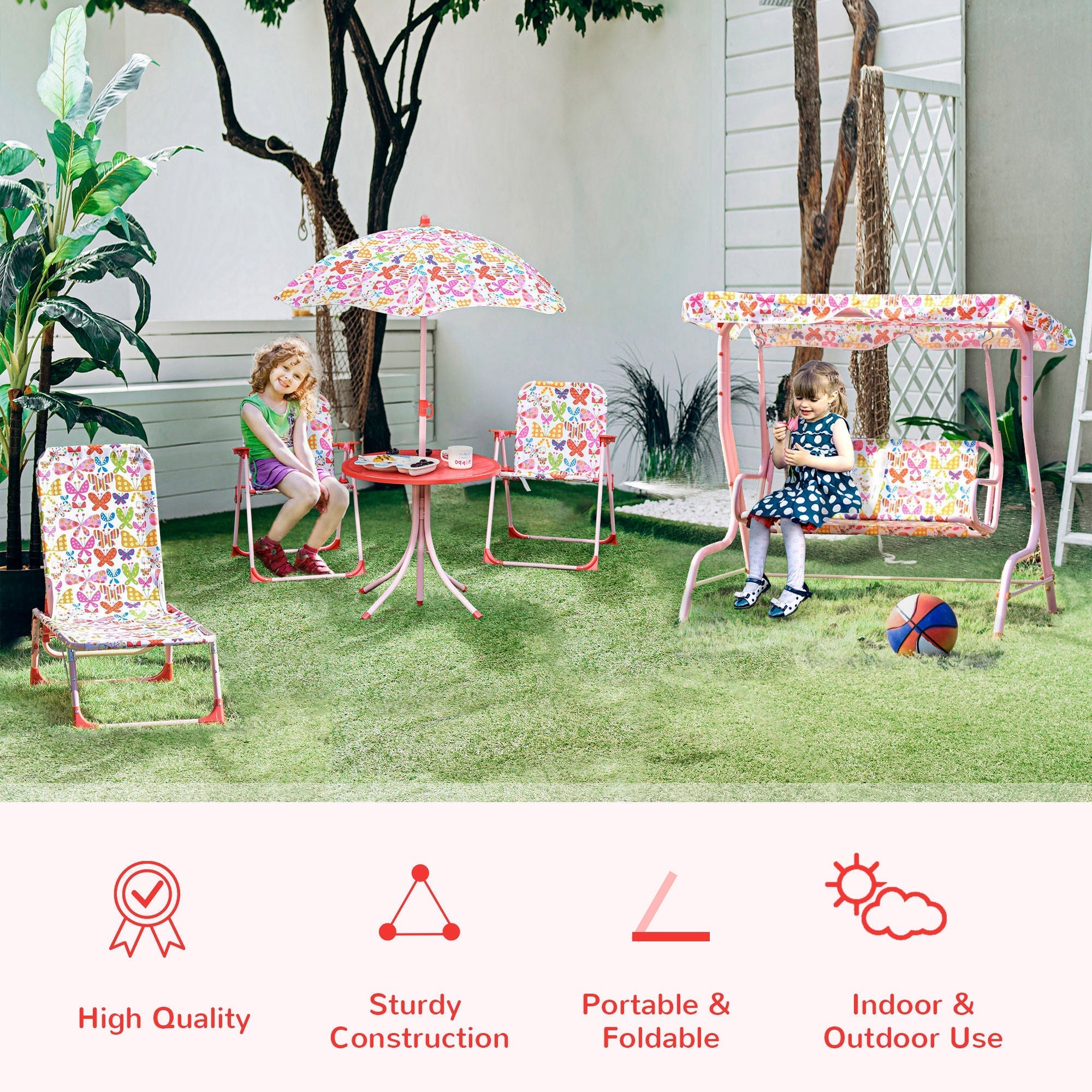 Pink metal outsunny kids outdoor bistro set with butterfly pattern canopy seat umbrella table chair dimension included