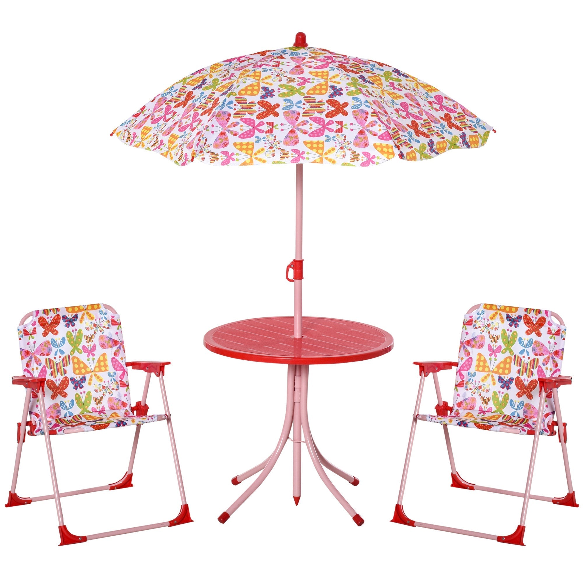 Outsunny kids outdoor bistro set with pink red butterfly pattern and matching height adjustable umbrella chair dimension included