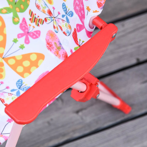 A vibrant red plastic folding chair with butterfly pattern fabric seat from outsunny kids outdoor bistro set with chair dimension details