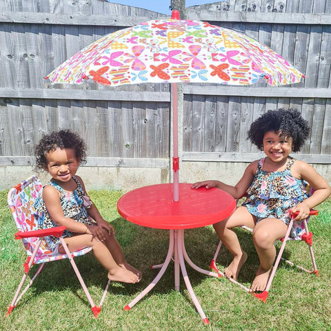 Red plastic patio table with pink metal legs and butterfly pattern umbrella in outsunny kids outdoor bistro set chair dimension included