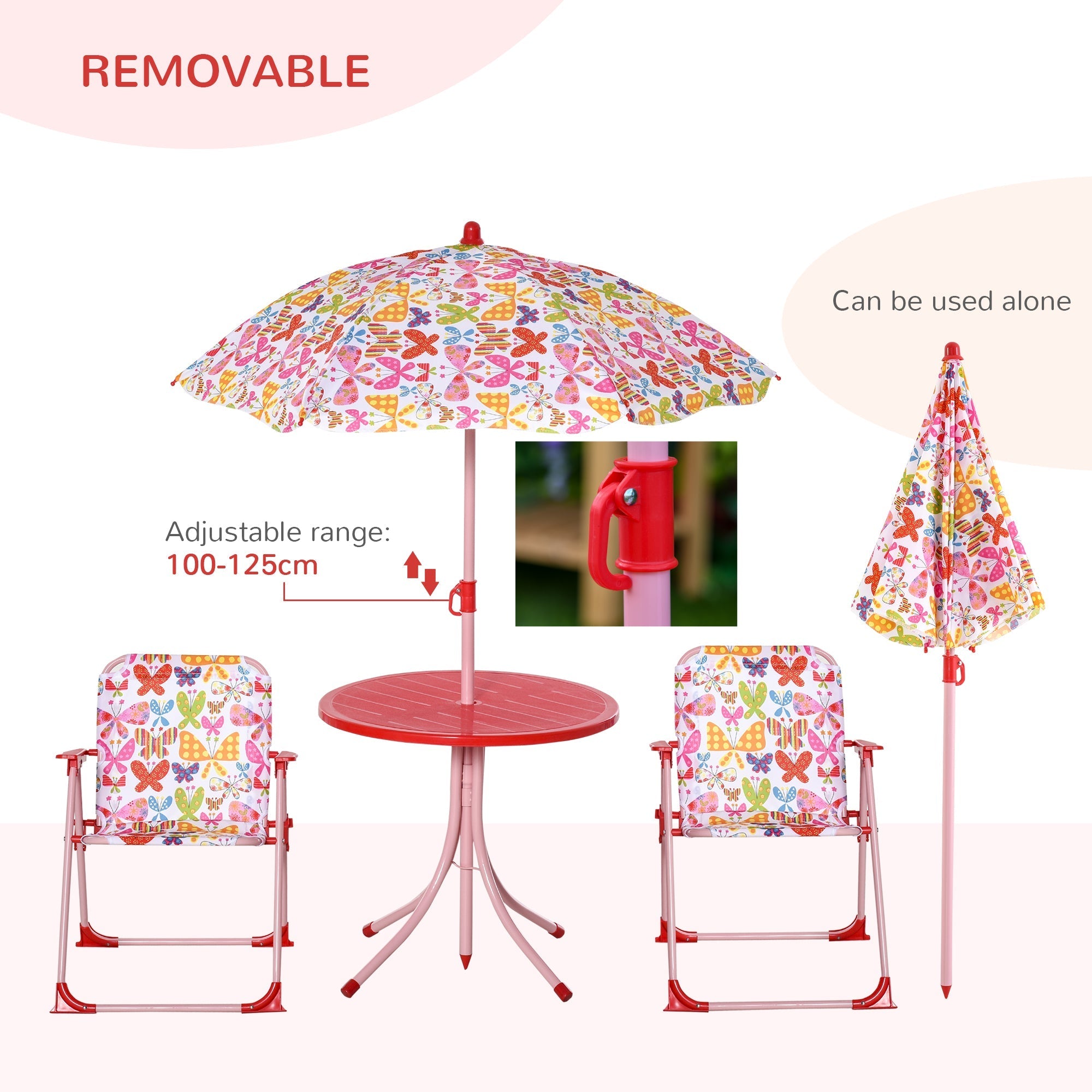 Outsunny kids outdoor bistro set with pink butterfly patio umbrella red metal frame and adjustable height chair dimension included