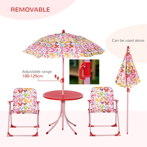 Outsunny kids outdoor bistro set with pink butterfly patio umbrella red metal frame and adjustable height chair dimension included