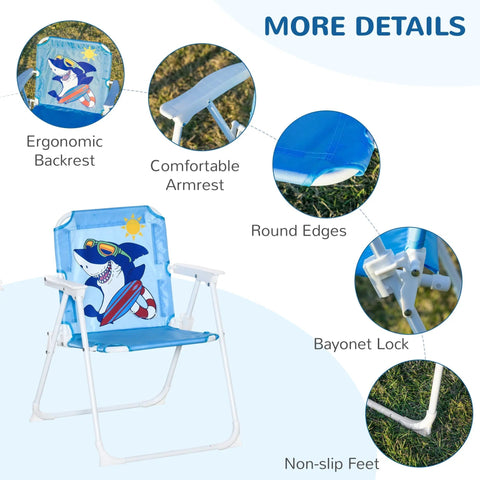 Blue and white kids folding beach chair with shark design and adjustable sun umbrella from outsunny set