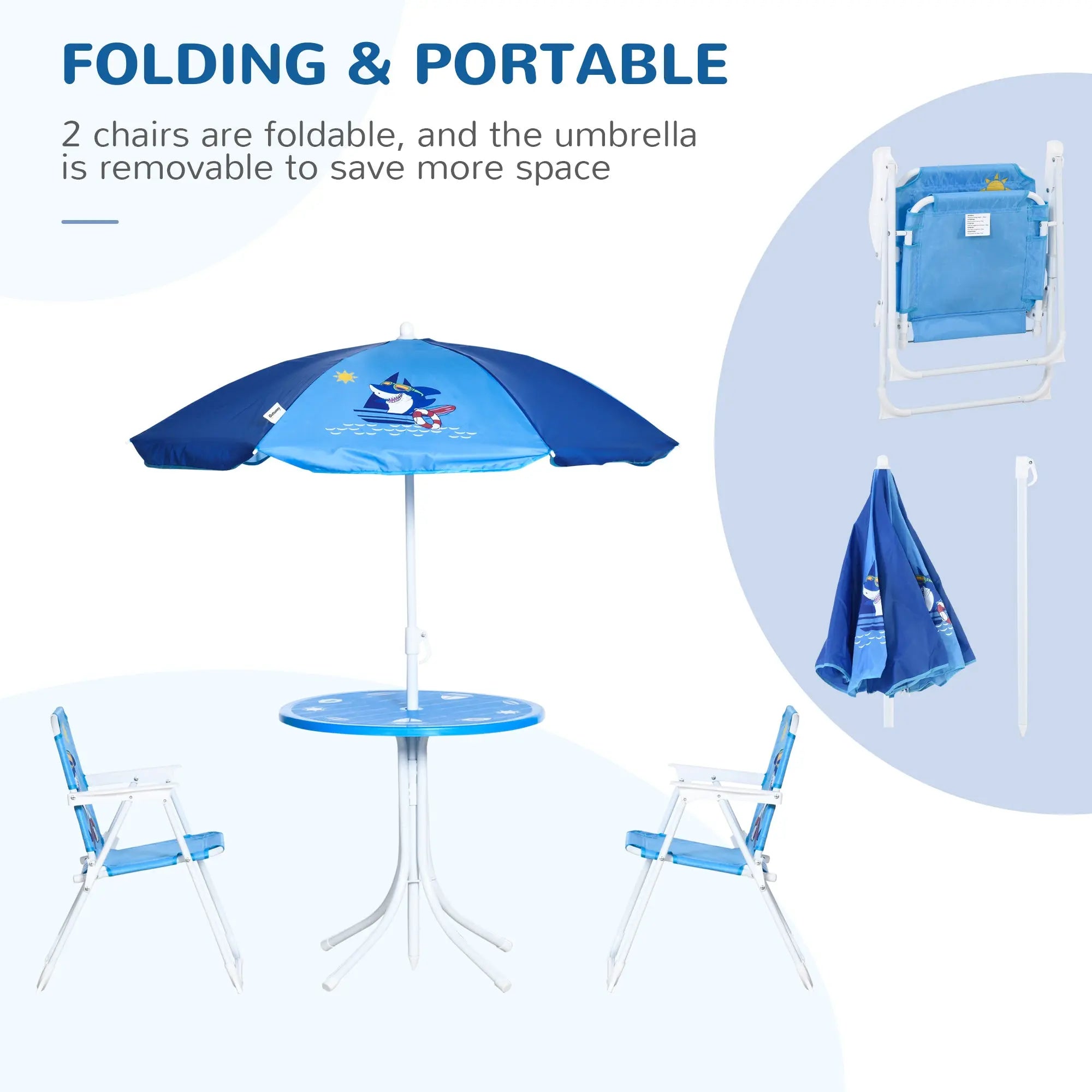 Blue folding sun umbrella with shark design on canopy for outsunny kids outdoor bistro table and chair set