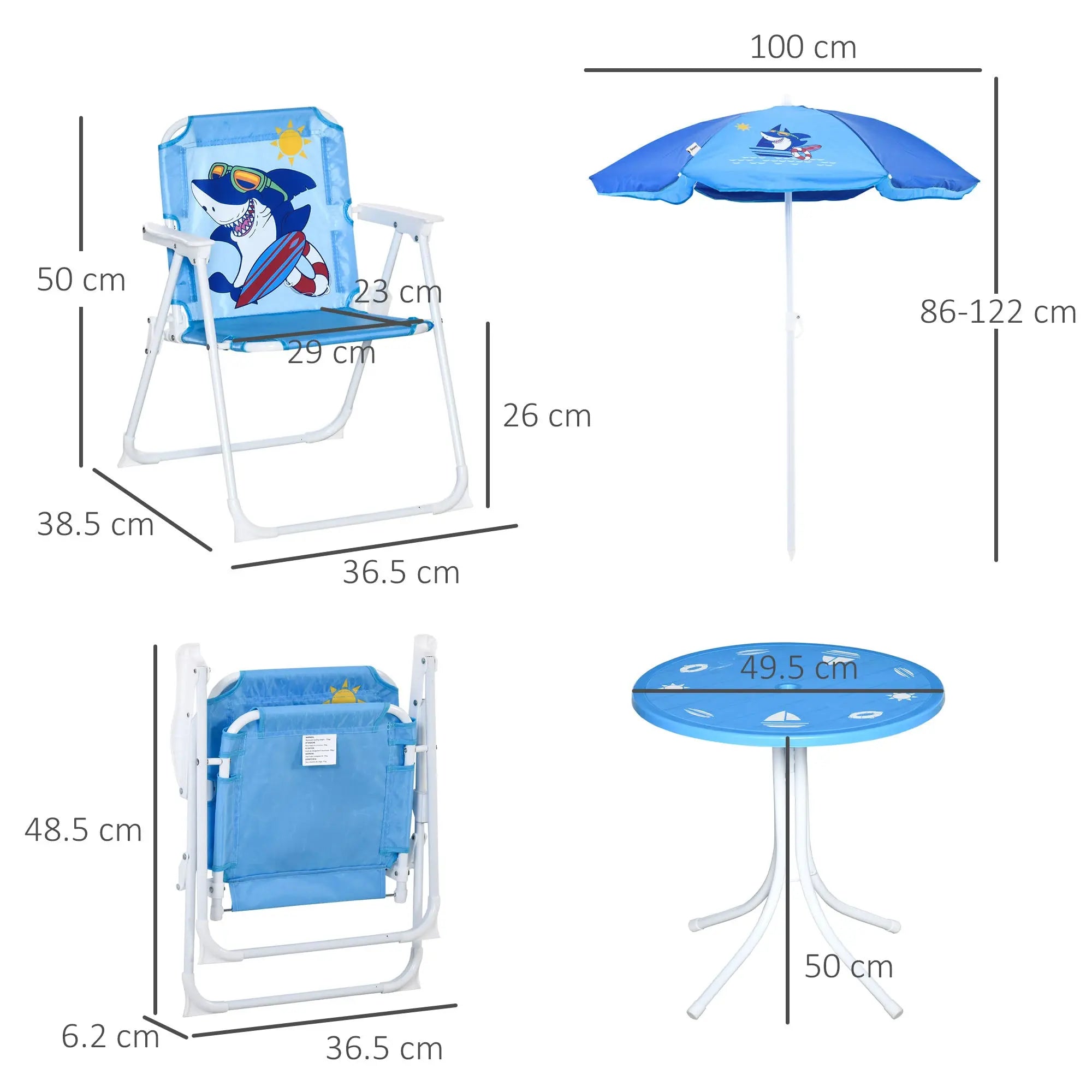 Blue folding beach chair with shark design and white metal frame featuring adjustable sun umbrella for kids outdoors