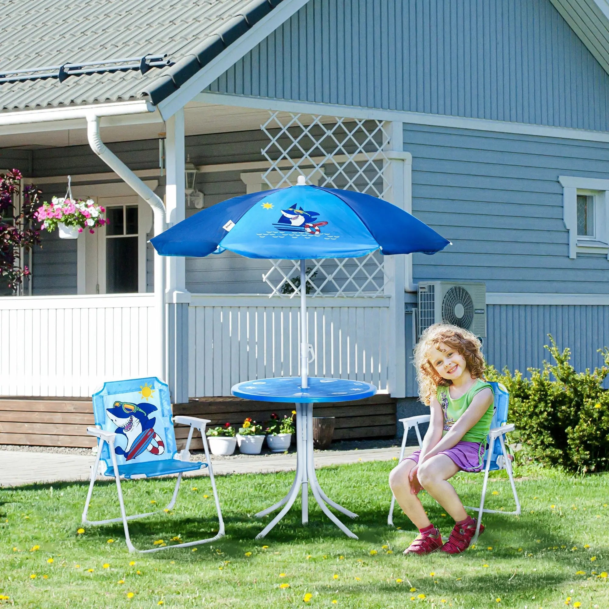 Outsunny kids outdoor bistro set with shark design folding chairs and table under blue sun umbrella for ages 3 to 6