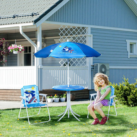 Outsunny kids outdoor bistro set with shark design folding chairs and table under blue sun umbrella for ages 3 to 6