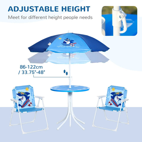 Blue kids outdoor bistro table set with adjustable sun umbrella in shark design and white metal frame