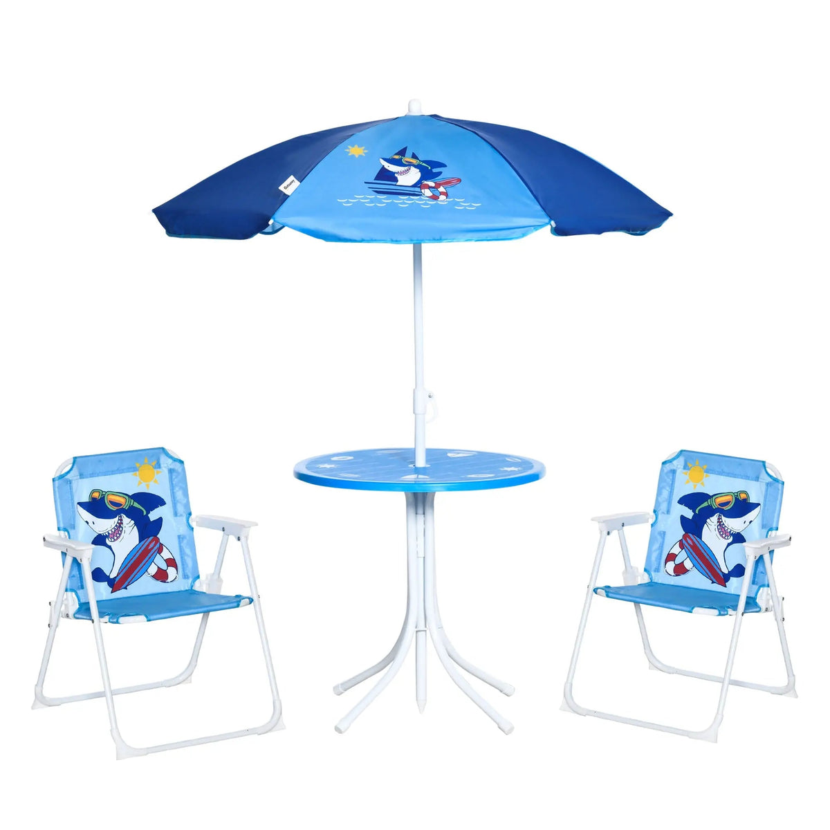 Outsunny kids outdoor bistro set with folding chairs and table featuring blue shark design fabric and adjustable sun umbrella