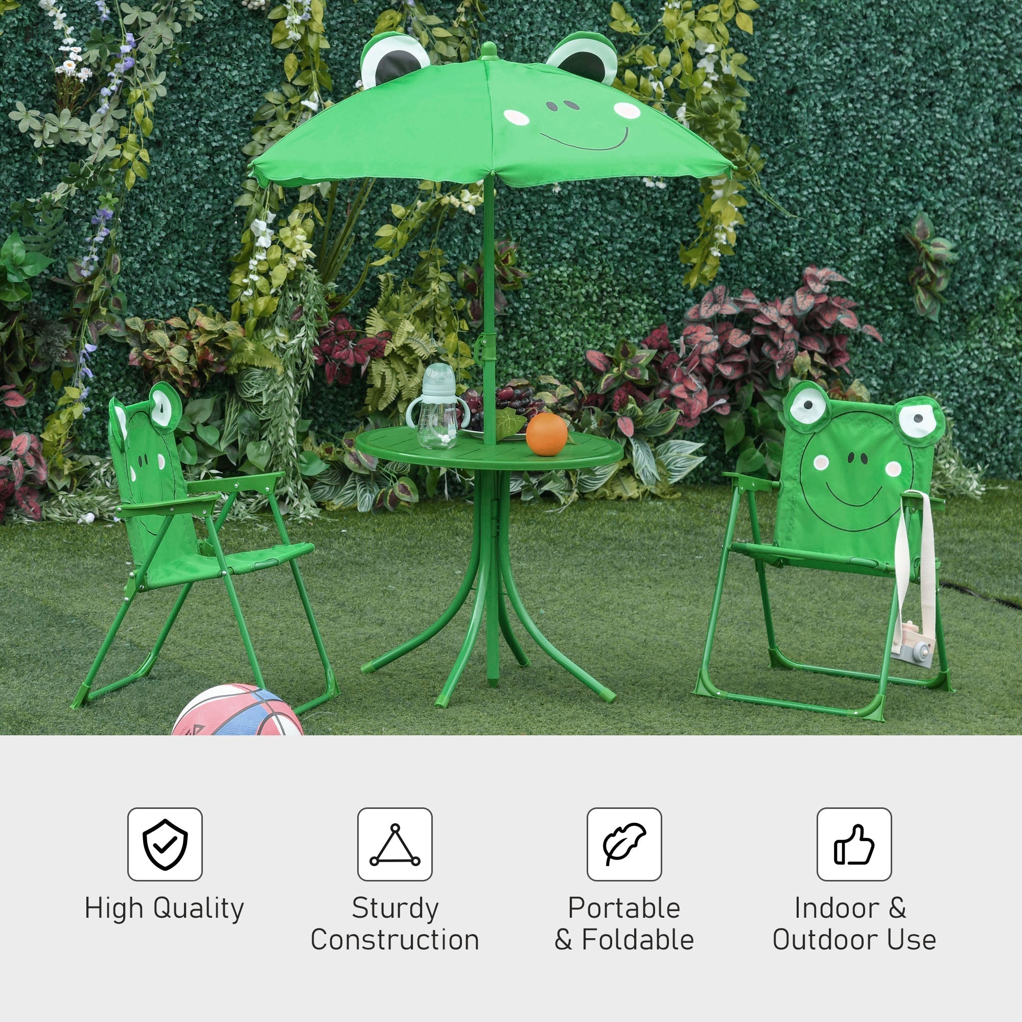 Outsunny kids outdoor table and chairs set in green with frog pattern features adjustable sun umbrella and chair dimension info