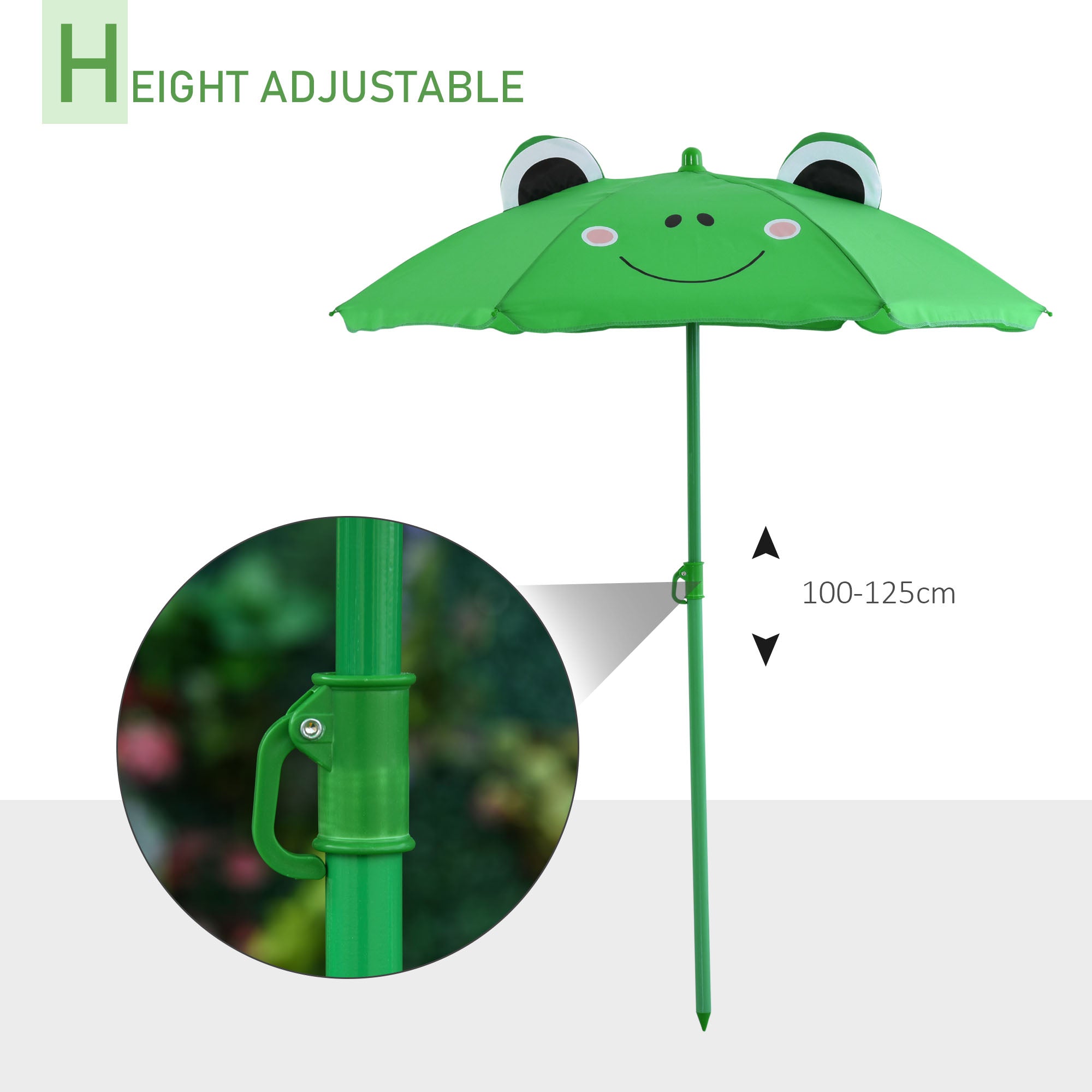 Outsunny kids outdoor table and chairs set with green frog pattern sun umbrella adjustable height 100-125cm and chair dimension