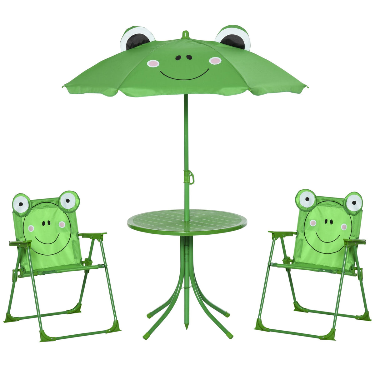 Outsunny kids outdoor table and chairs set in green frog pattern with removable height adjustable sun umbrella and chair dimension info