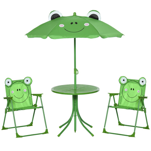 Outsunny kids outdoor table and chairs set in green frog pattern with removable height adjustable sun umbrella and chair dimension info