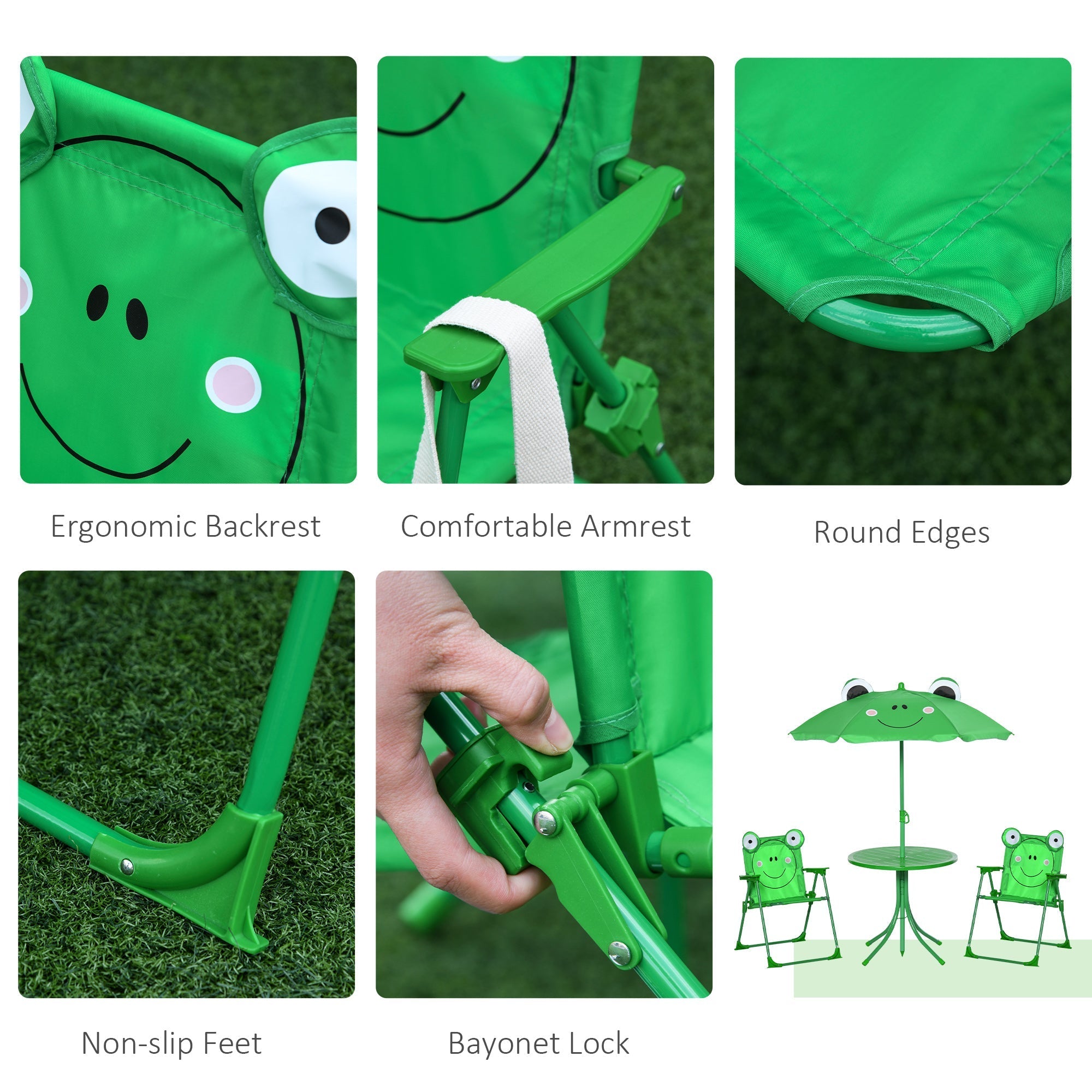 Bright green plastic frog-themed kids folding chair with smiling face and round eyes for outdoor fun with sun umbrella and chair dimension