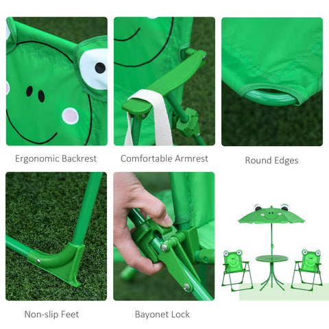 Bright green plastic frog-themed kids folding chair with smiling face and round eyes for outdoor fun with sun umbrella and chair dimension