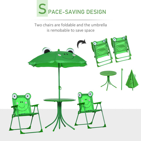 Outsunny kids outdoor table and chairs garden furniture with frog pattern green foldable chairs and height adjustable sun umbrella